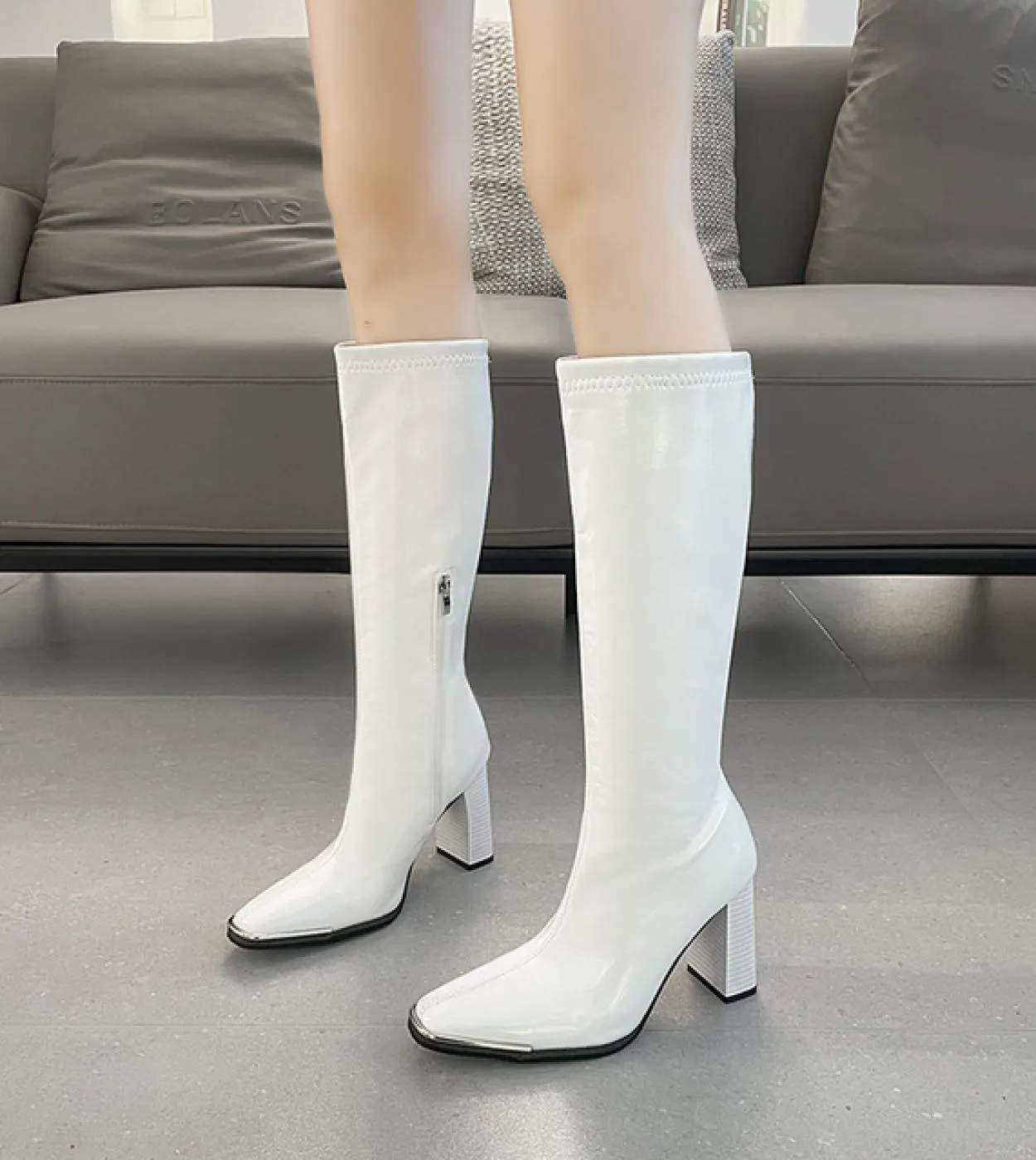 2022 moda stivali alti al ginocchio autunno inverno donna pu pelle piazza tacco alto stivali western punta a punta cerniera scar
