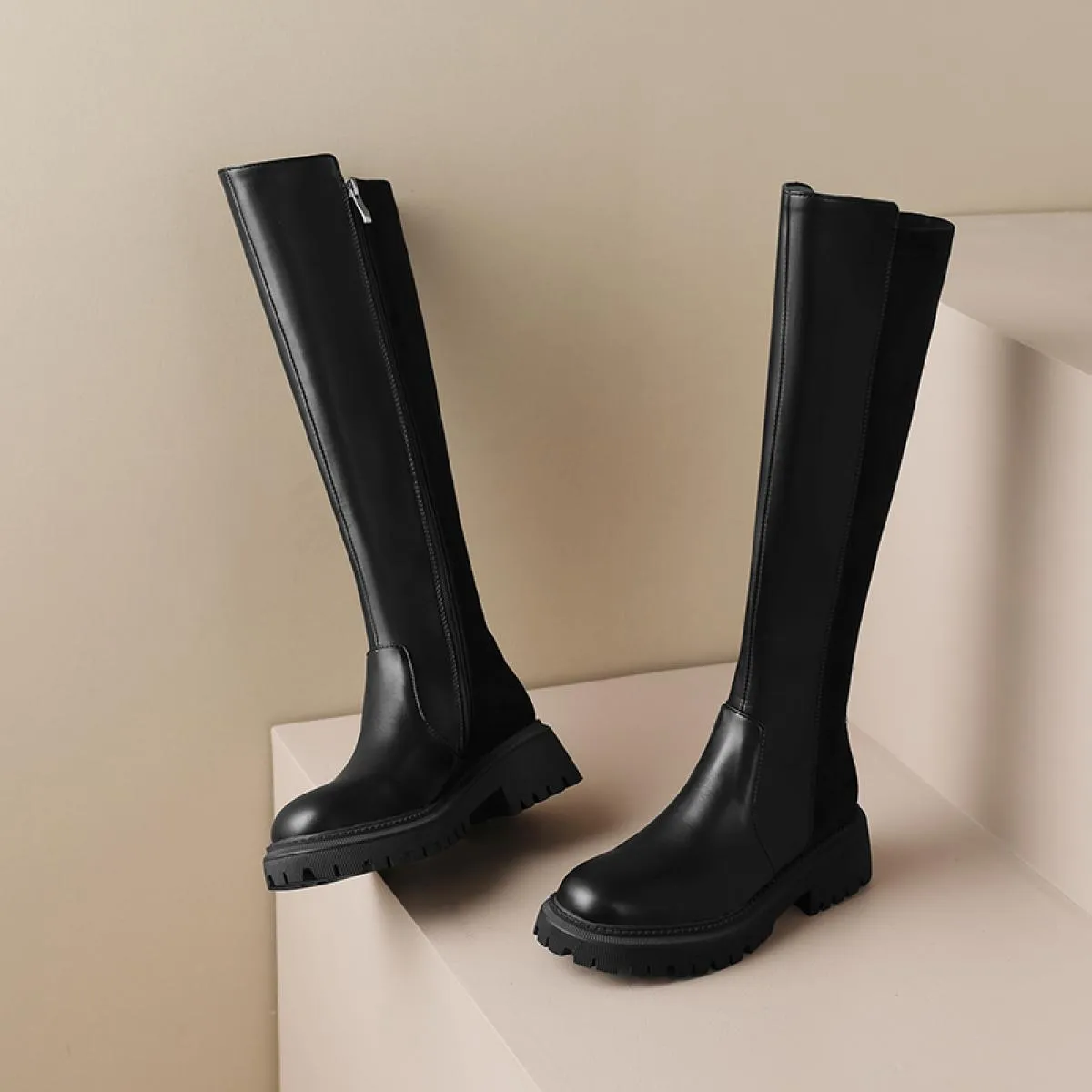 2024 Moda Donna Stivali al ginocchio occidentali Tacchi alti spessi Scarpe da ufficio casual Donna Autunno Autunno Grandi dimens