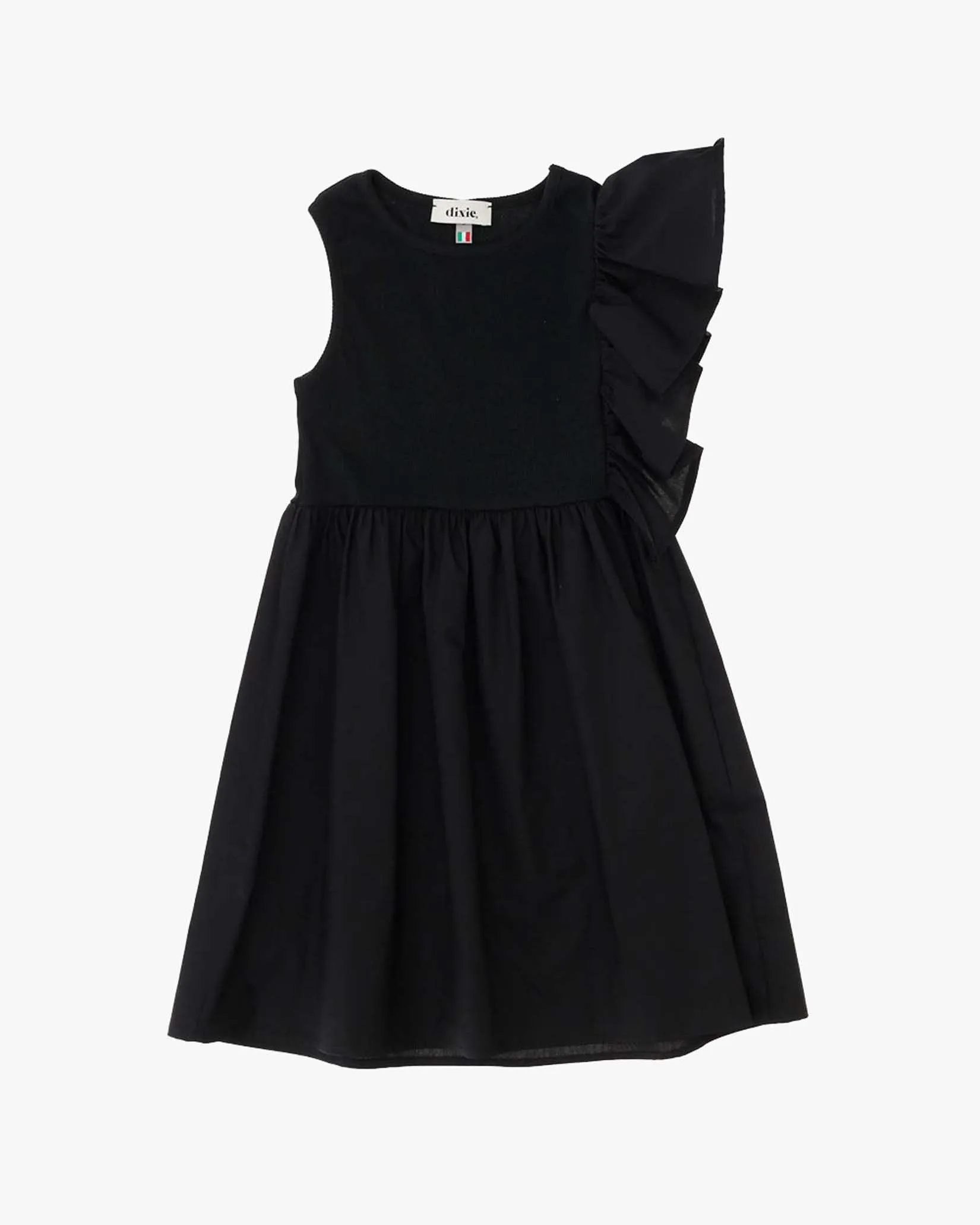 Abito mini fit and flare nero in cotone stretch senza maniche con maxi volant S-2XL