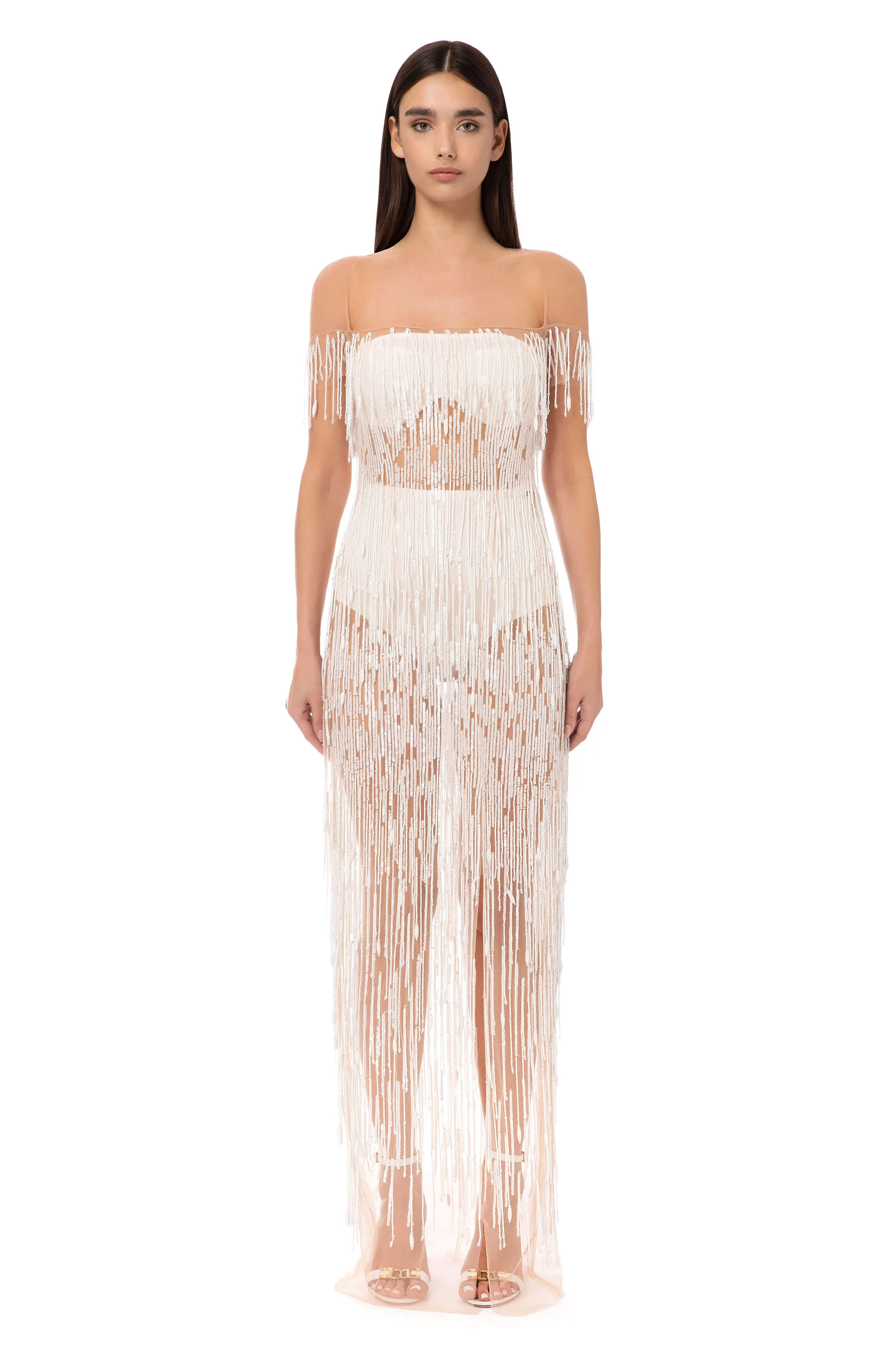 Abito red carpet in tulle con paillettes e frange