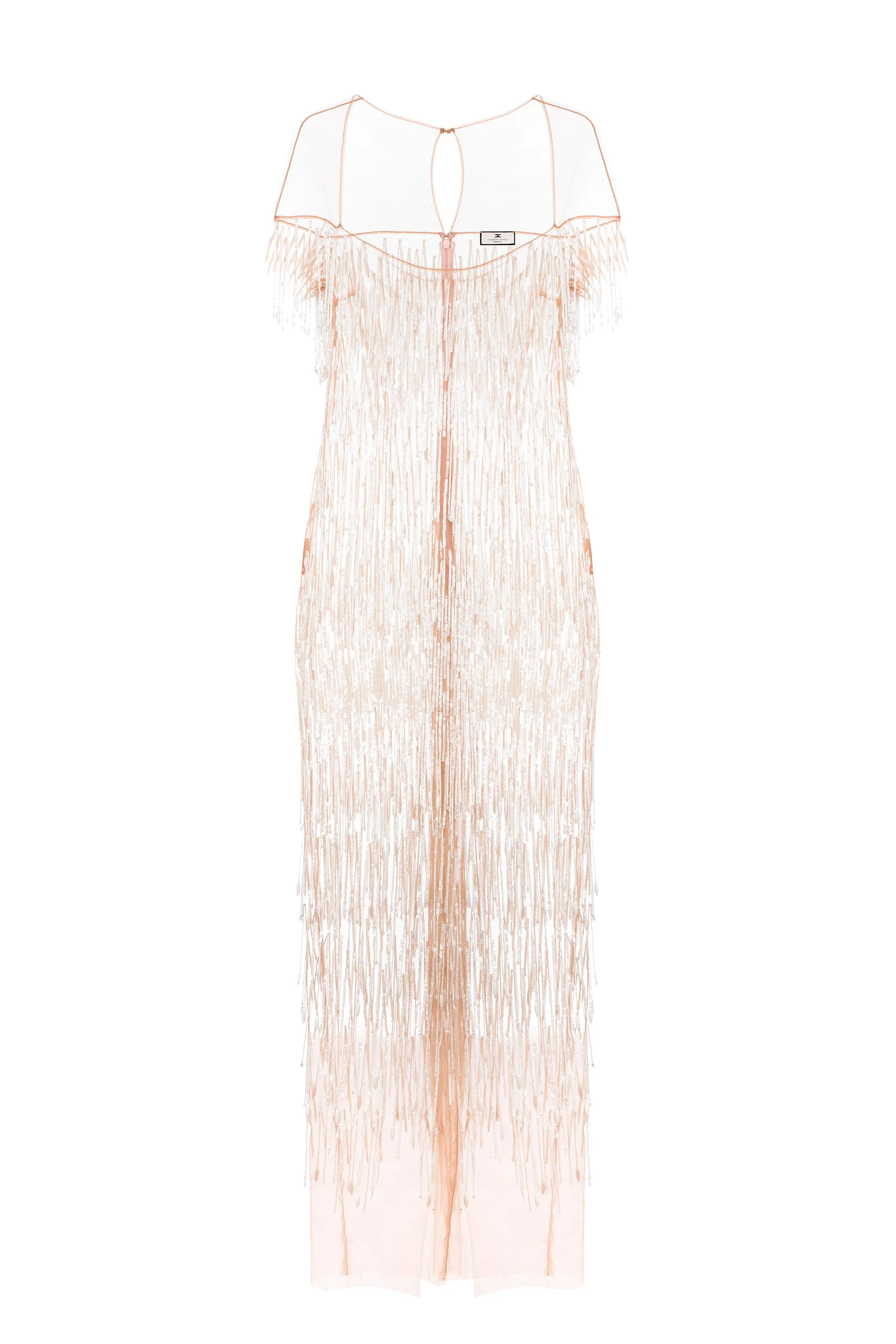 Abito red carpet in tulle con paillettes e frange
