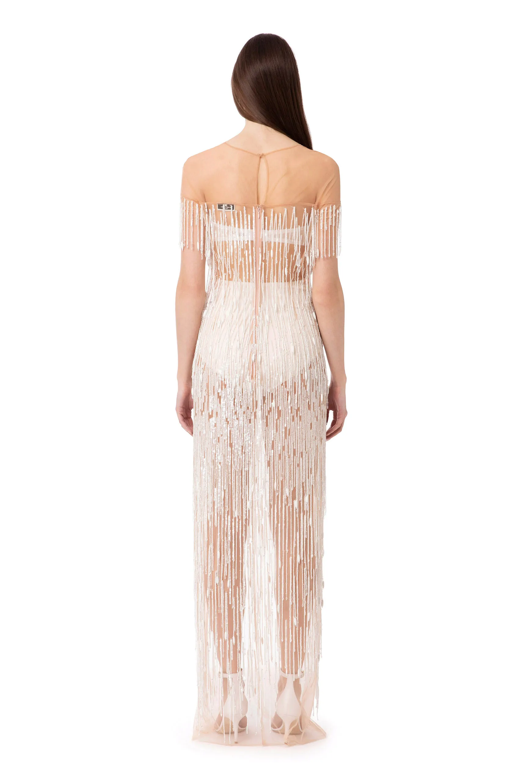 Abito red carpet in tulle con paillettes e frange