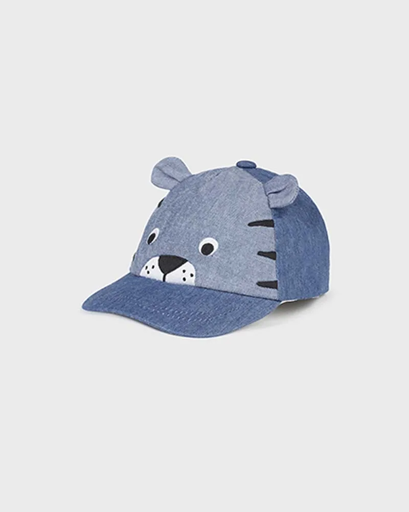 Berretto baseball blu in denim di cotone con orecchie applicate e tigre ricamata  42-46