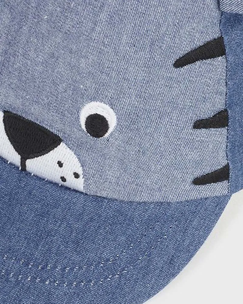 Berretto baseball blu in denim di cotone con orecchie applicate e tigre ricamata  42-46