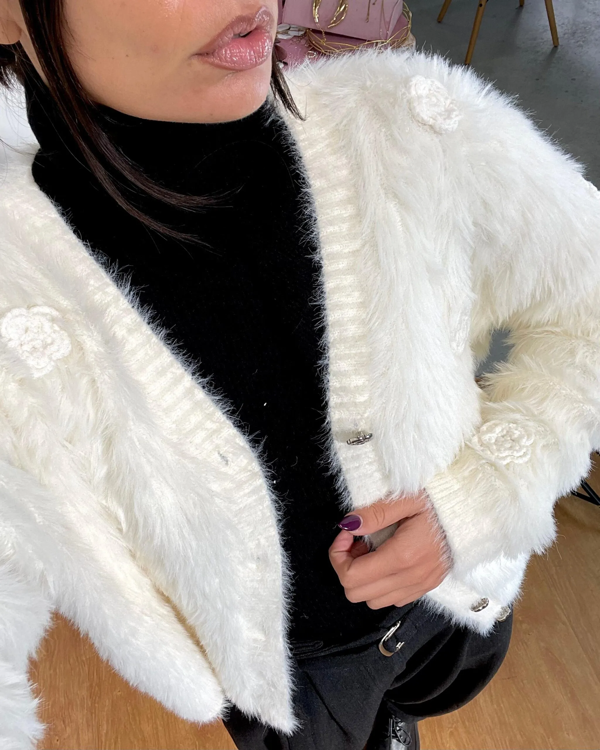 CARDIGAN ROSE A RILIEVO 199 panna