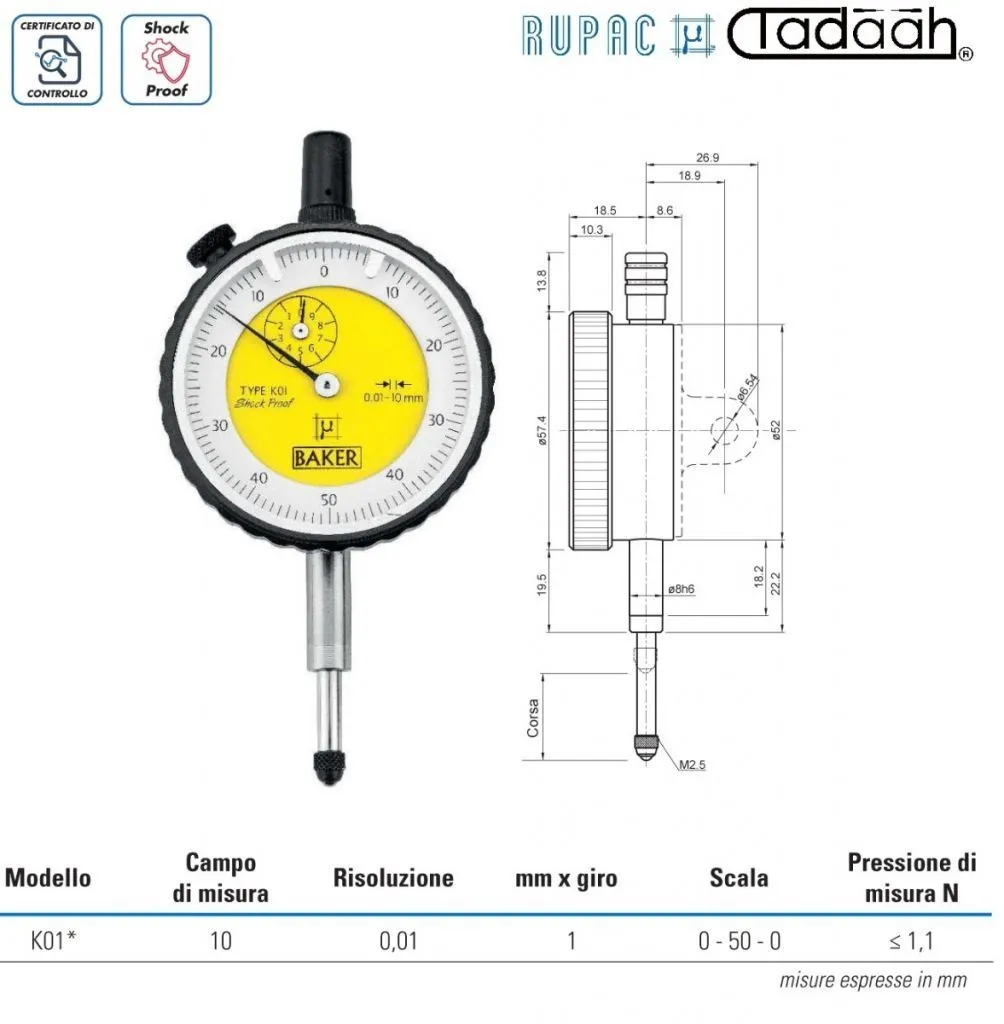 Comparatore analogico Serie Micromet PLUS con risoluzione 0,01 e 0,1 mm