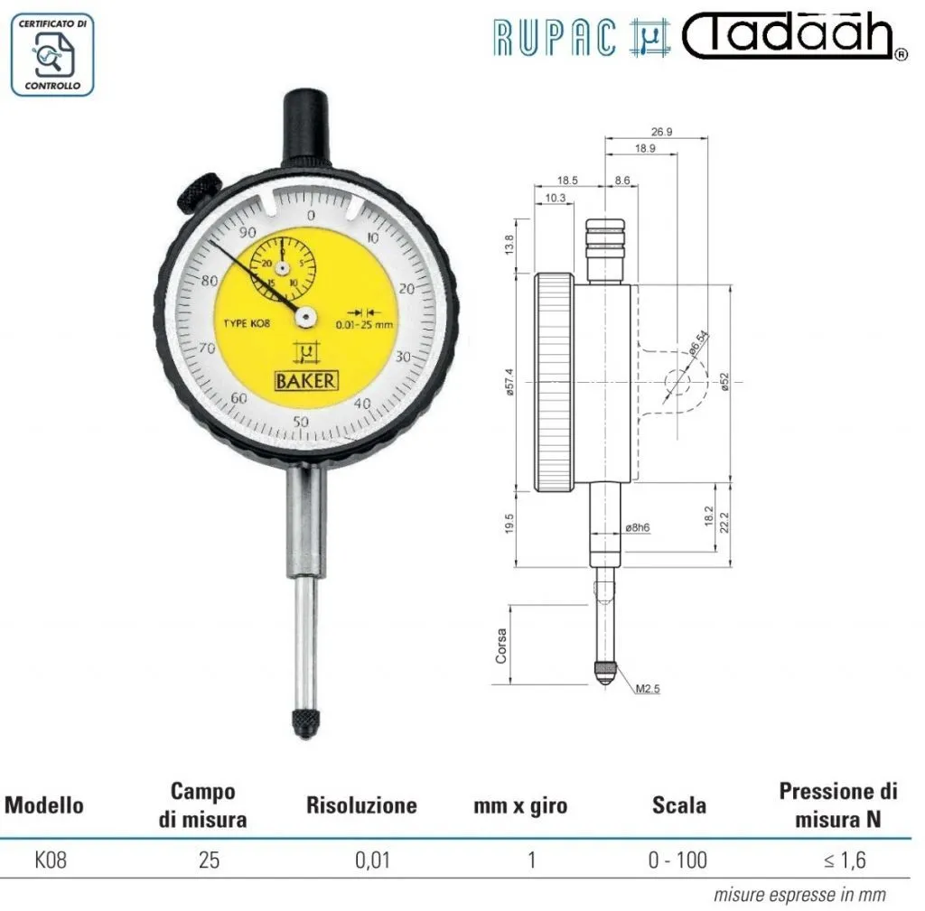 Comparatore analogico Serie Micromet PLUS con risoluzione 0,01 e 0,1 mm