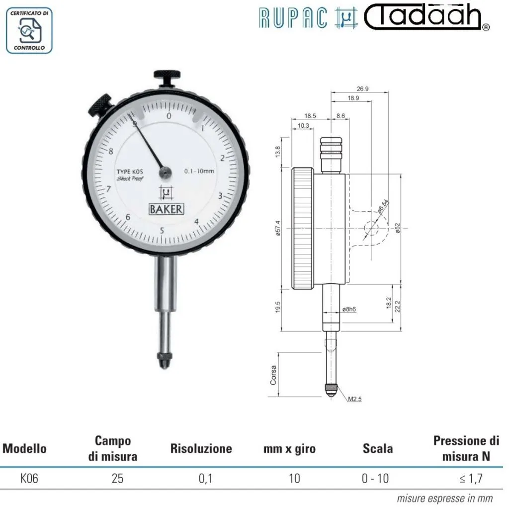 Comparatore analogico Serie Micromet PLUS con risoluzione 0,01 e 0,1 mm