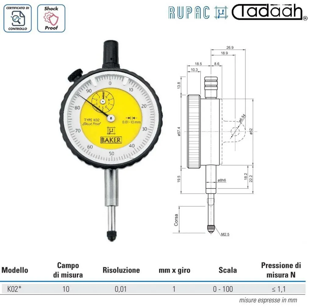 Comparatore analogico Serie Micromet PLUS con risoluzione 0,01 e 0,1 mm