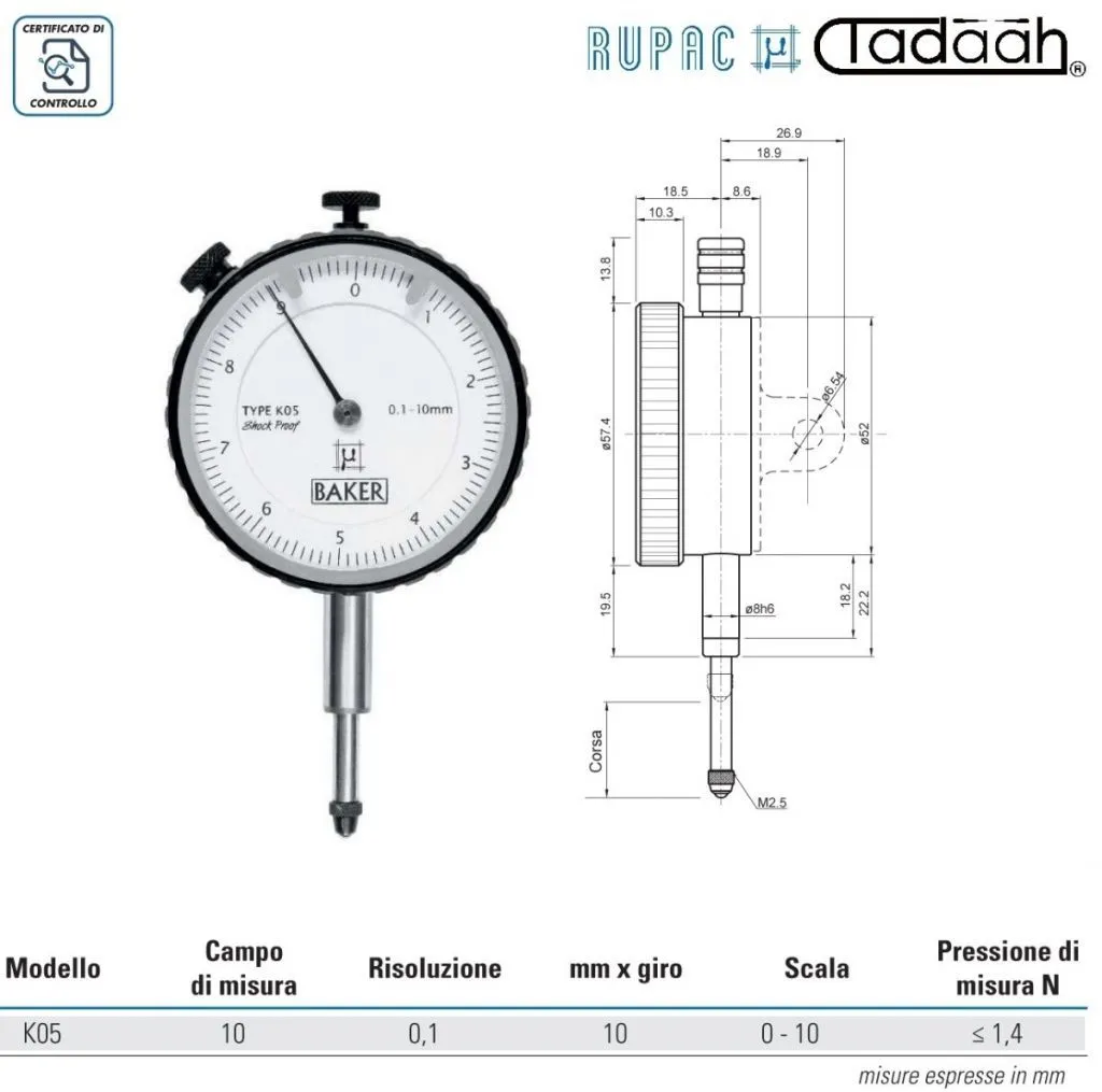 Comparatore analogico Serie Micromet PLUS con risoluzione 0,01 e 0,1 mm