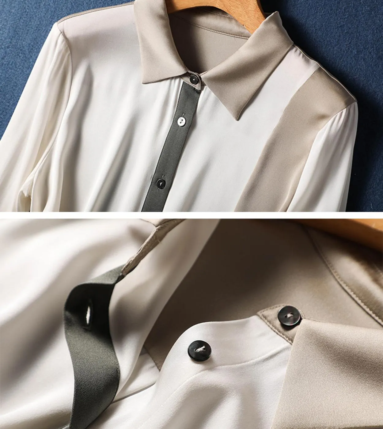Elegante camicetta da ufficio in seta di gelso Moda a tre colori Patchwork con bottoni Camicia in seta da donna Panno a maniche