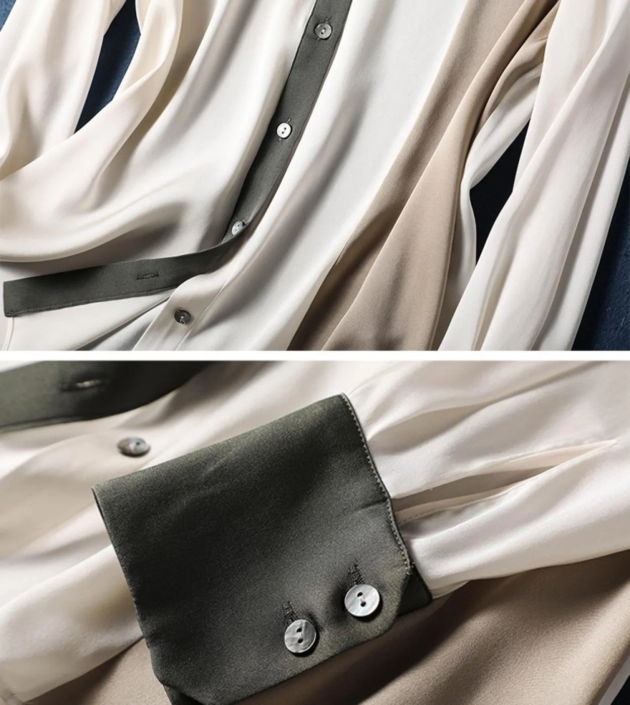 Elegante camicetta da ufficio in seta di gelso Moda a tre colori Patchwork con bottoni Camicia in seta da donna Panno a maniche