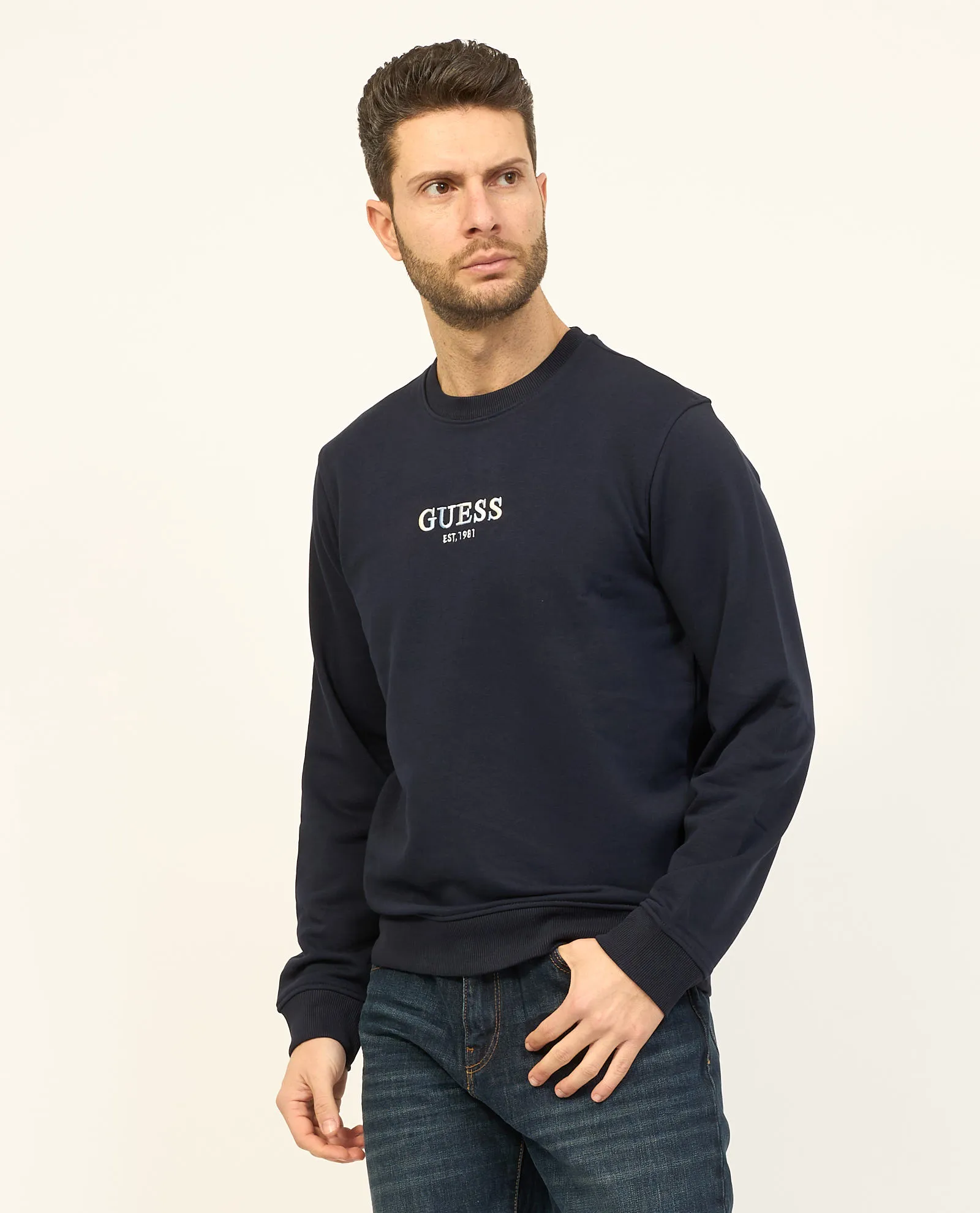 Felpa blu Guess in cotone con girocollo e logo