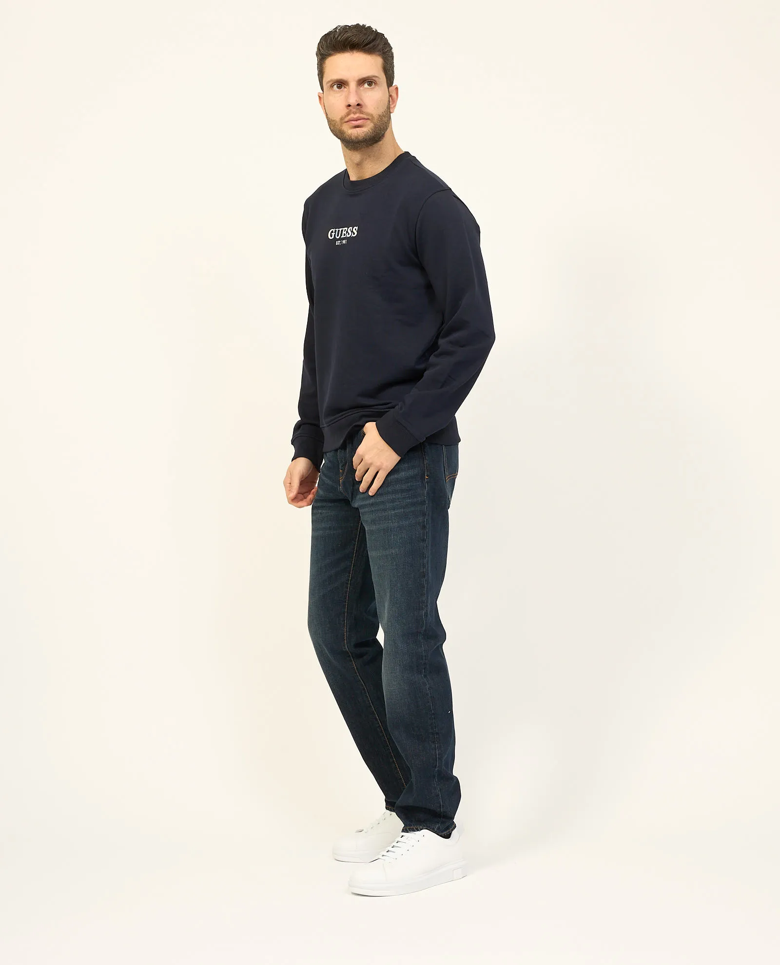 Felpa blu Guess in cotone con girocollo e logo
