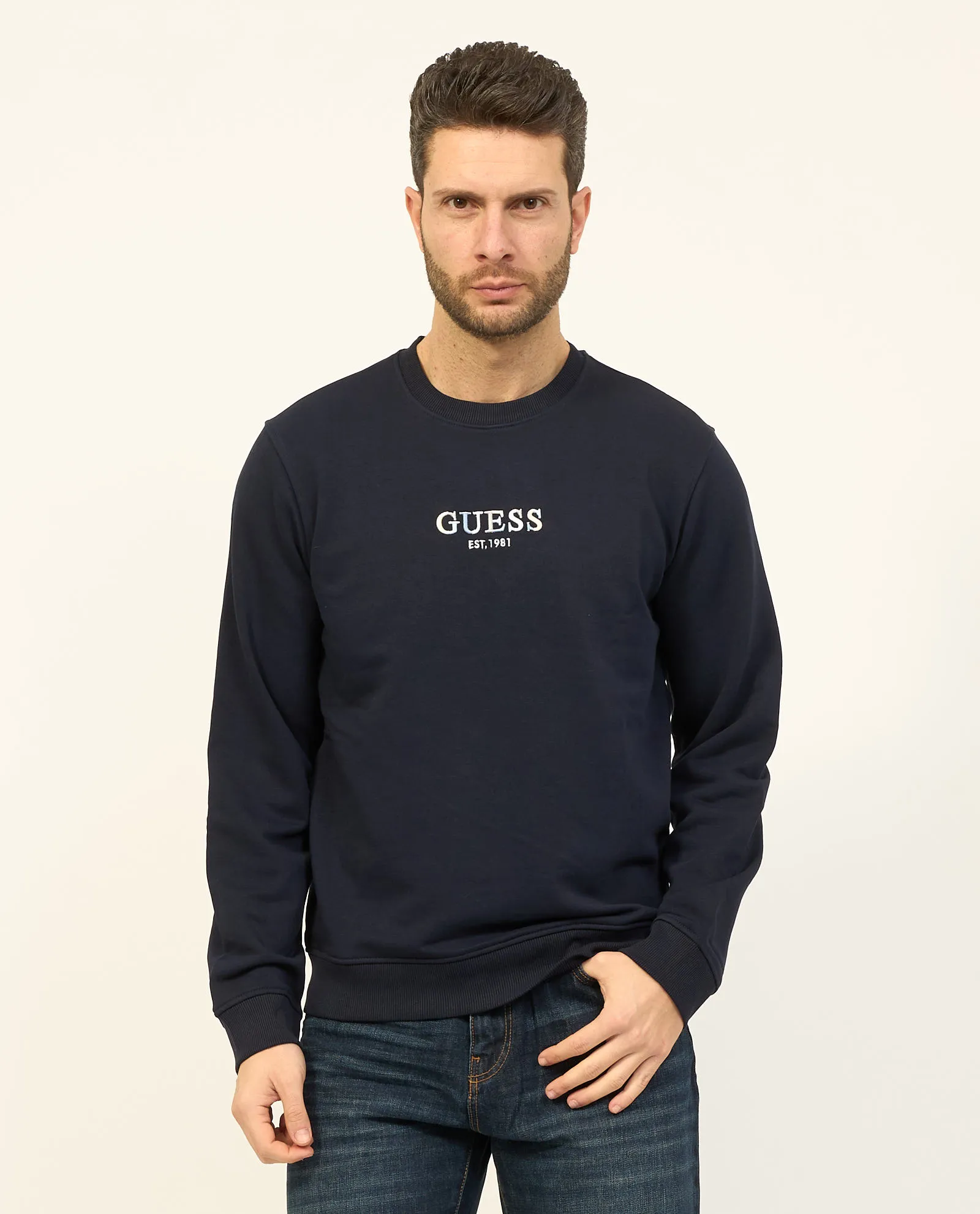 Felpa blu Guess in cotone con girocollo e logo