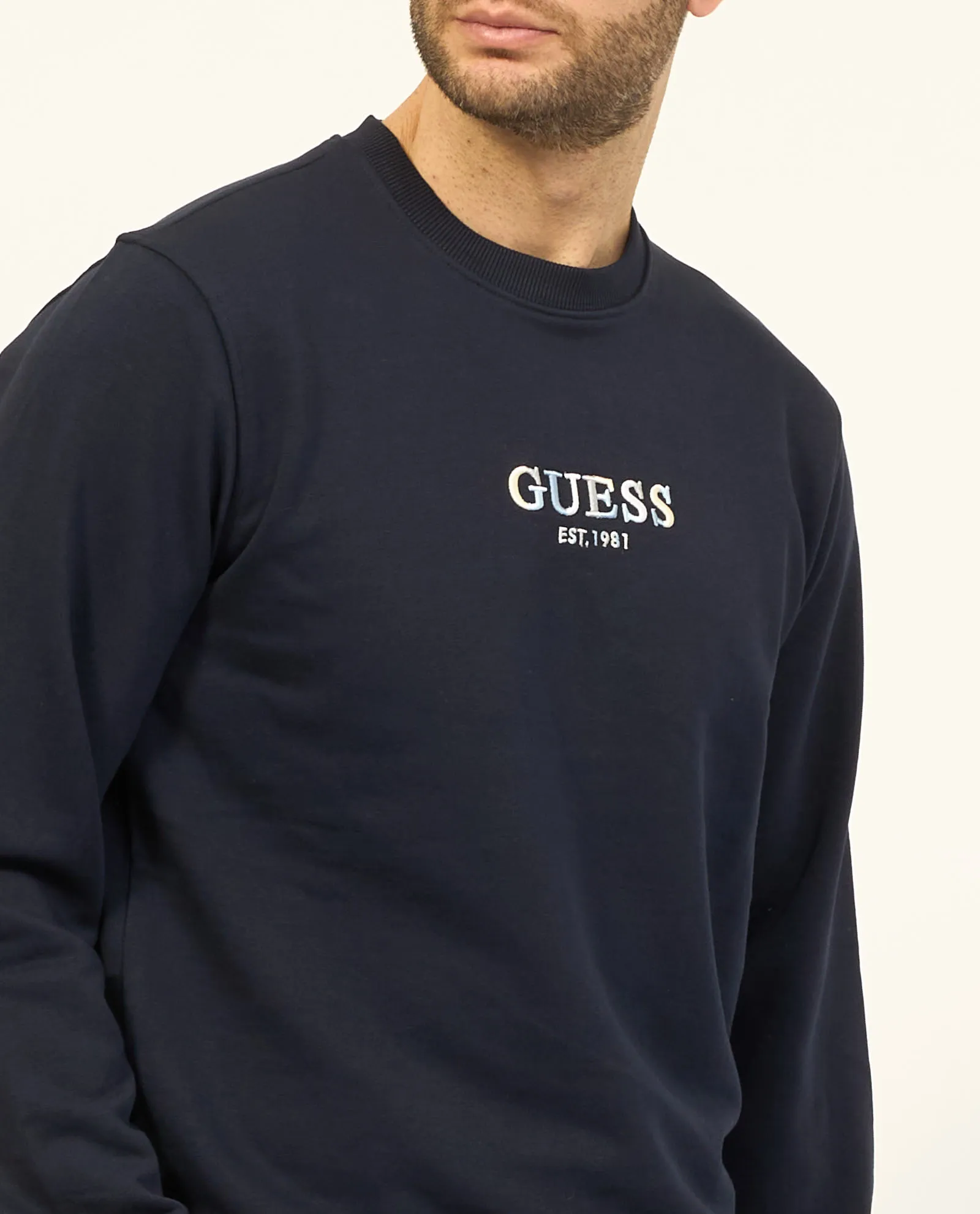 Felpa blu Guess in cotone con girocollo e logo