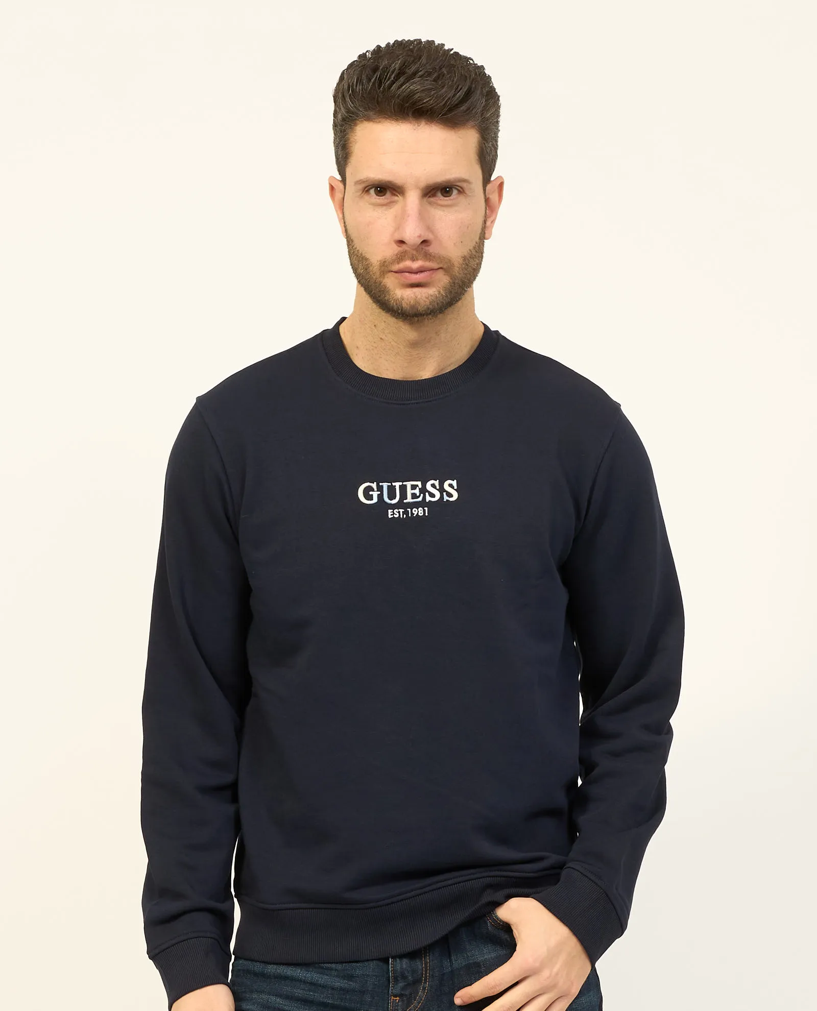 Felpa blu Guess in cotone con girocollo e logo