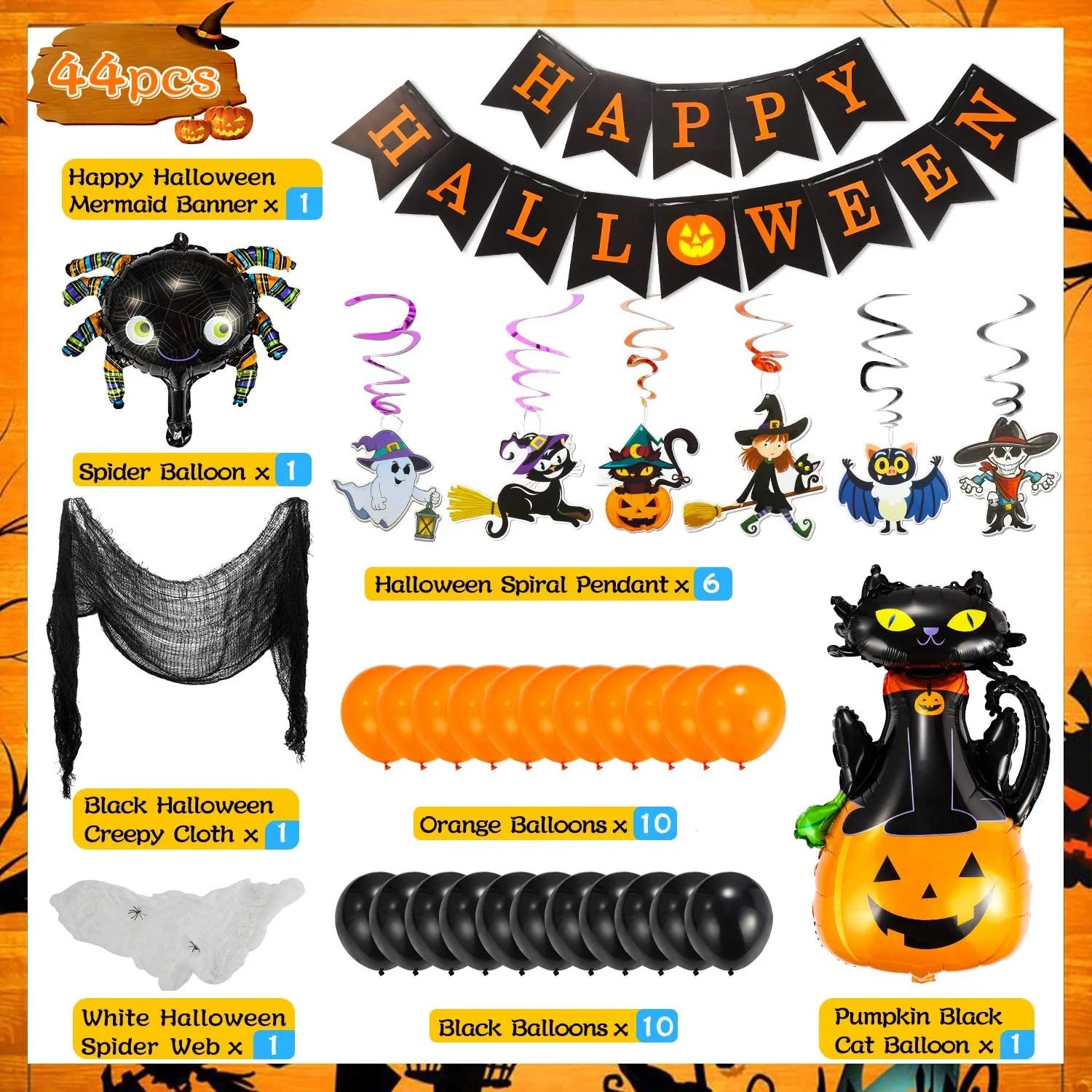 Flyfun Hallowen Decorazioni 20 Palloncini, Halloween Kit, Halloween Decorazioni per Le Feste Turbinii sospesi, Palloncini Neri A