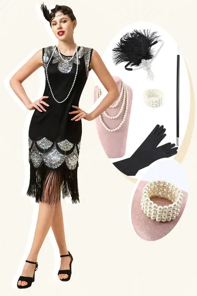 Frange di paillettes nere e argento Abiti anni '20 con set di accessori anni '20