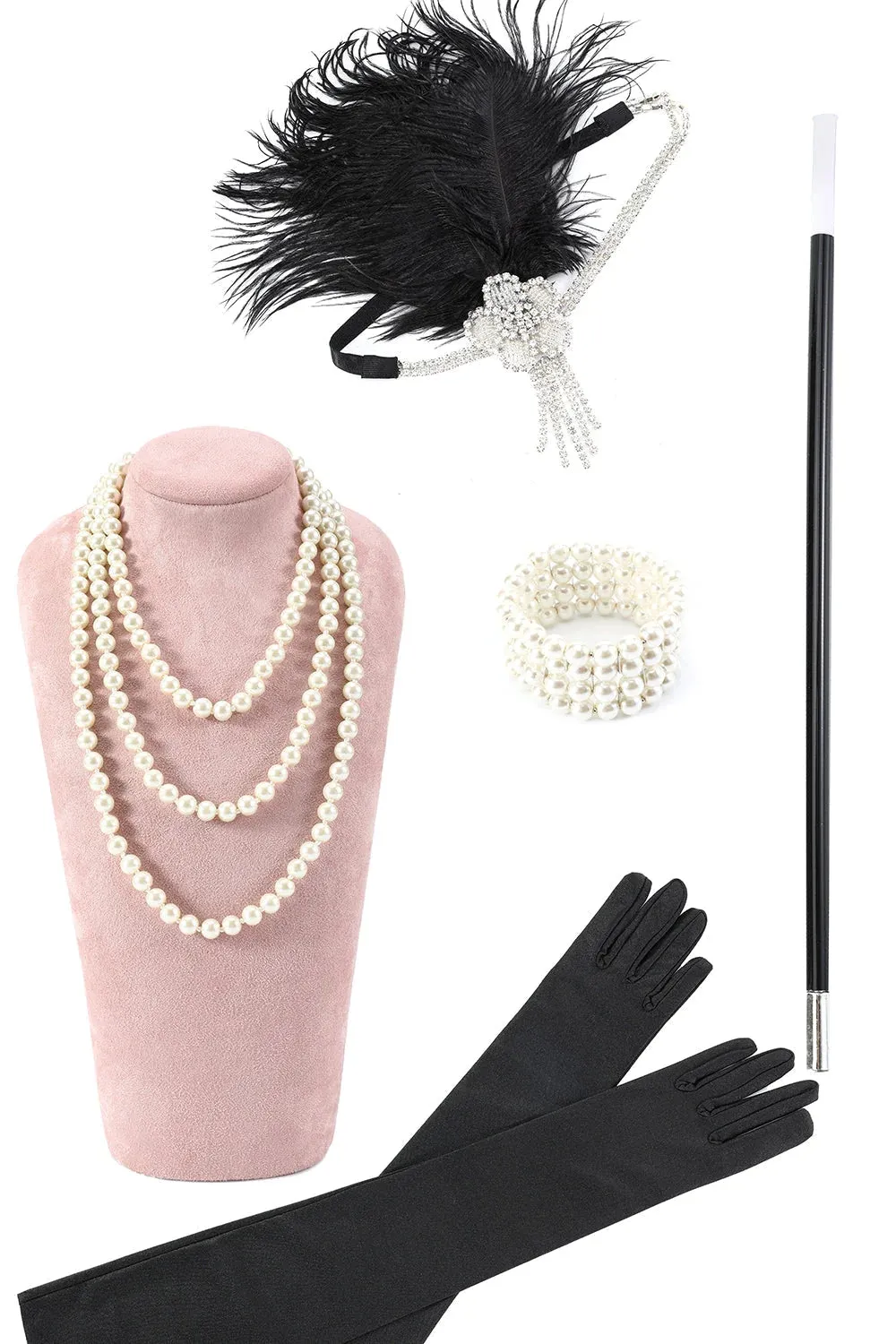Frange di paillettes nere e argento Abiti anni '20 con set di accessori anni '20