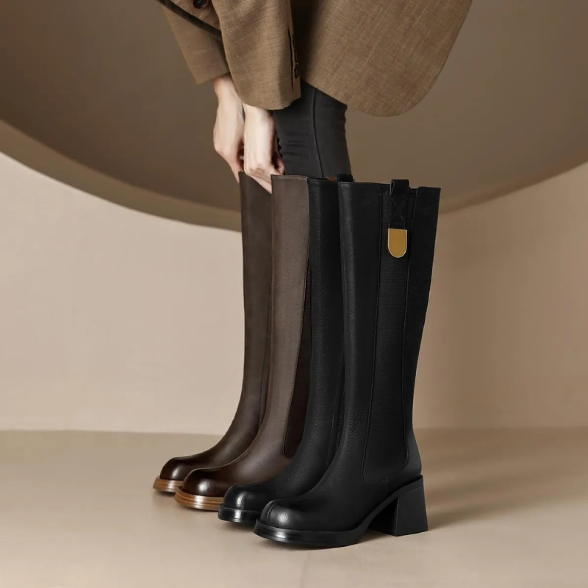I più nuovi stivali alti al ginocchio da donna autunno inverno vera pelle qualità eleganti tacchi spessi scarpe stivali da moto