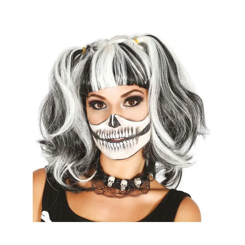 PARRUCCA MEDIA LUNGA CAPELLI BIANCO E NERI PER TRAVESTIMENTI DI HALLOWEEN/CARNEVALE E SCENE A TEMA HORROR