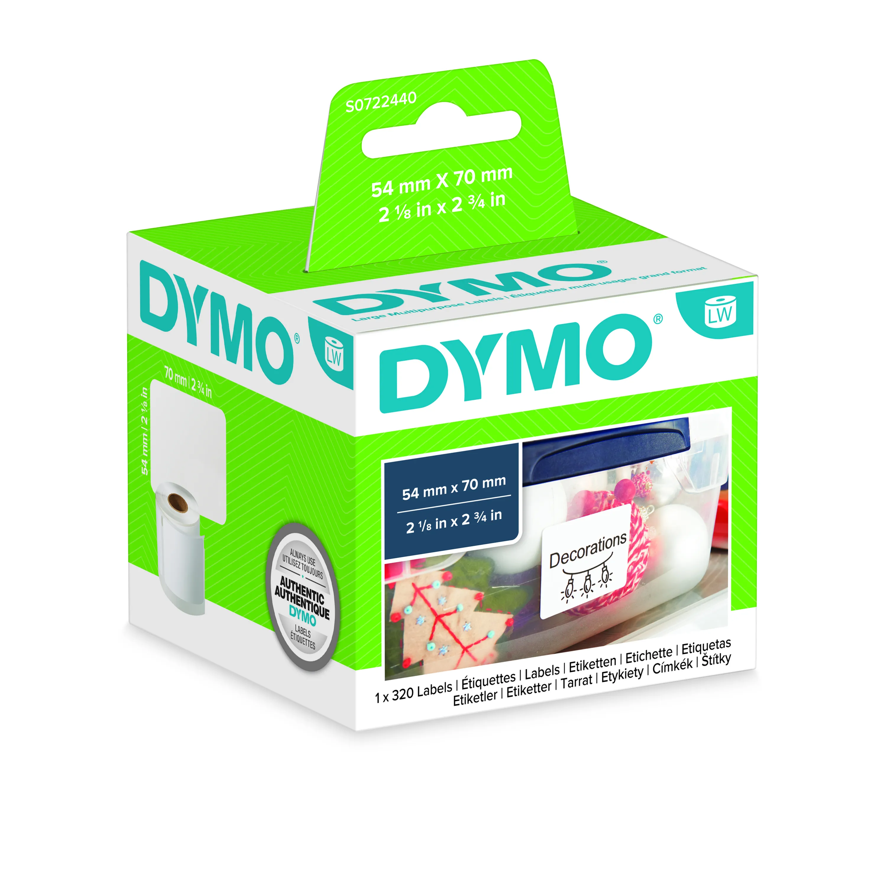 Rotolo di etichette adesive Dymo L. 70mm x H. 54mm, conf da 320Per rotolo, col. Bianco