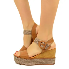 Sandali Donna Marroni con Zeppa Intrecciati Made in Italy