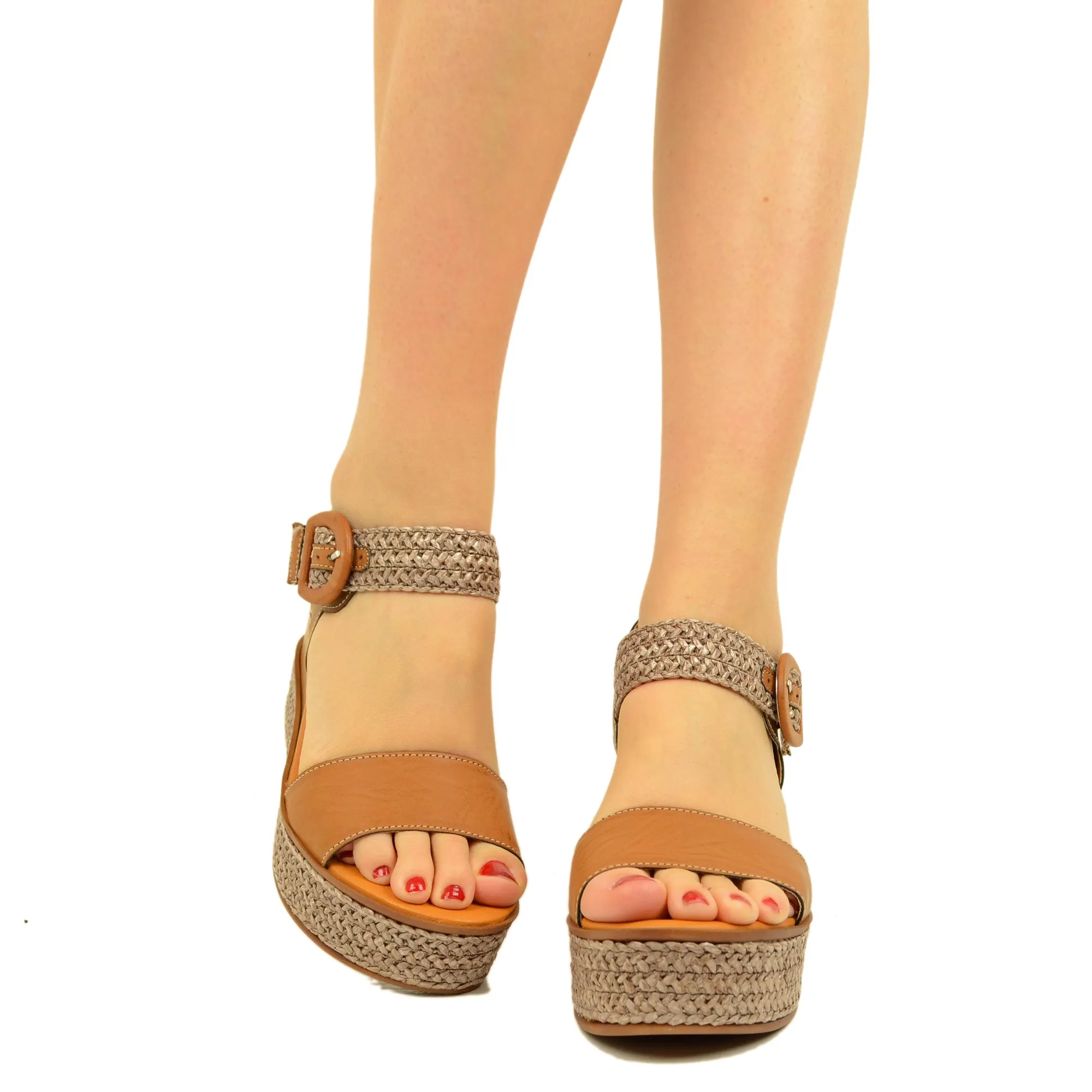 Sandali Donna Marroni con Zeppa Intrecciati Made in Italy