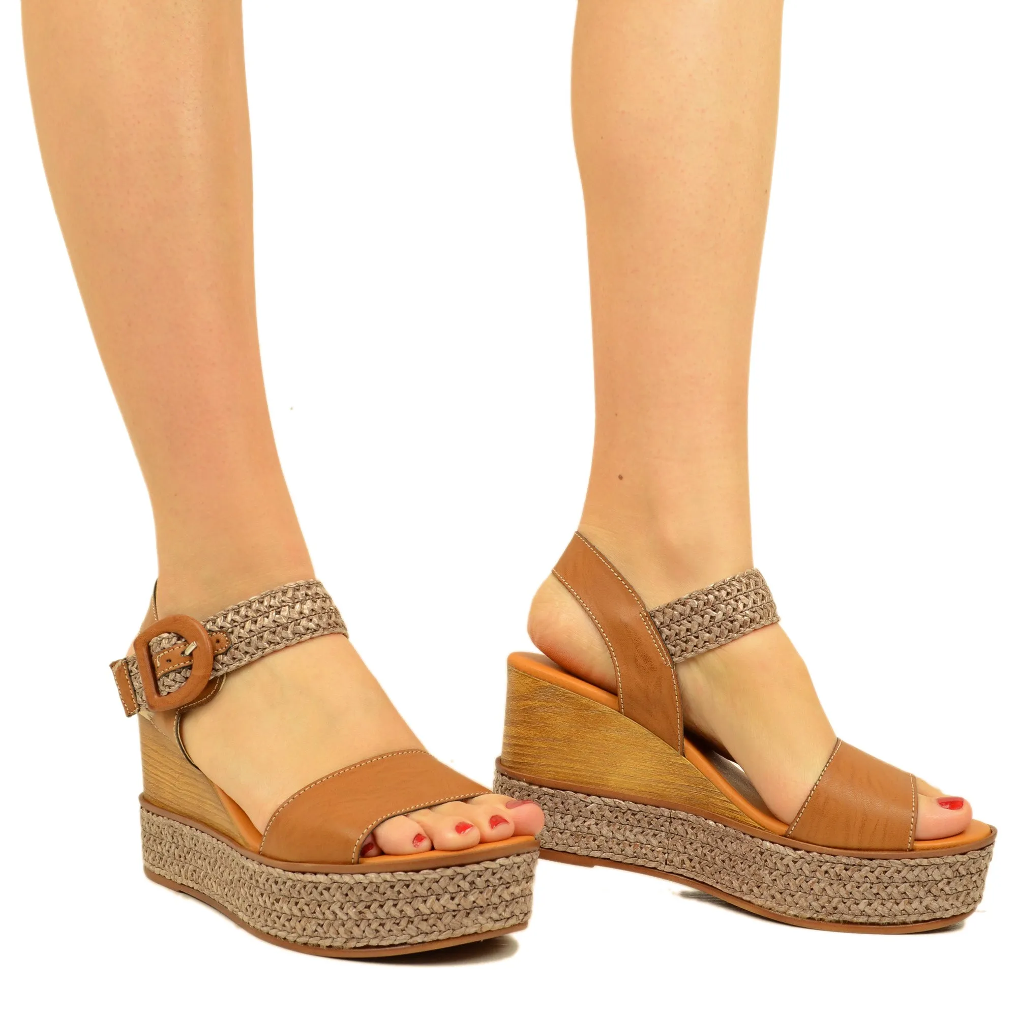 Sandali Donna Marroni con Zeppa Intrecciati Made in Italy