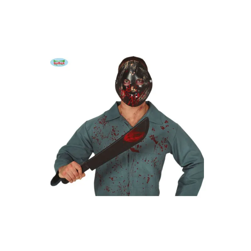 SET MASCHERA E MACHETE INSANGUINATA 54CM PER TRAVESTIMENTI DI HALLOWEEN SCENE SPETTACOLI A TEMA JASON ASSASSINO HORROR