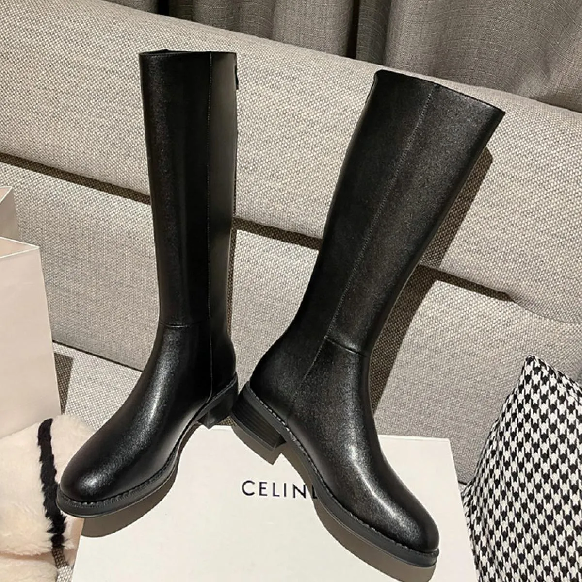 Stivali alti al ginocchio da donna stile punk Stivali da moto casual Scarpe con tacco basso in vera pelle Donna Autunno Inverno