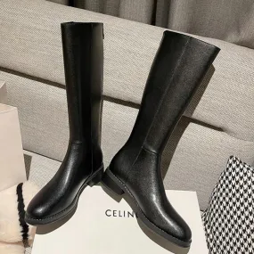 Stivali alti al ginocchio da donna stile punk Stivali da moto casual Scarpe con tacco basso in vera pelle Donna Autunno Inverno