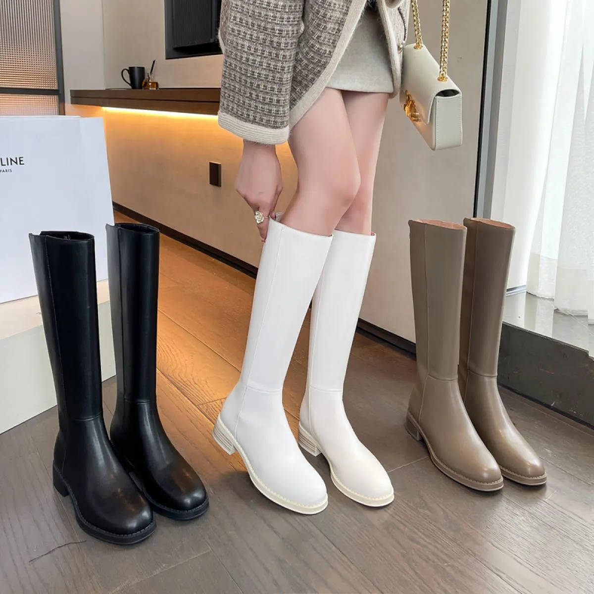 Stivali alti al ginocchio da donna stile punk Stivali da moto casual Scarpe con tacco basso in vera pelle Donna Autunno Inverno