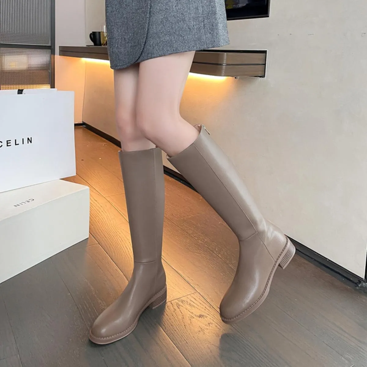 Stivali alti al ginocchio da donna stile punk Stivali da moto casual Scarpe con tacco basso in vera pelle Donna Autunno Inverno