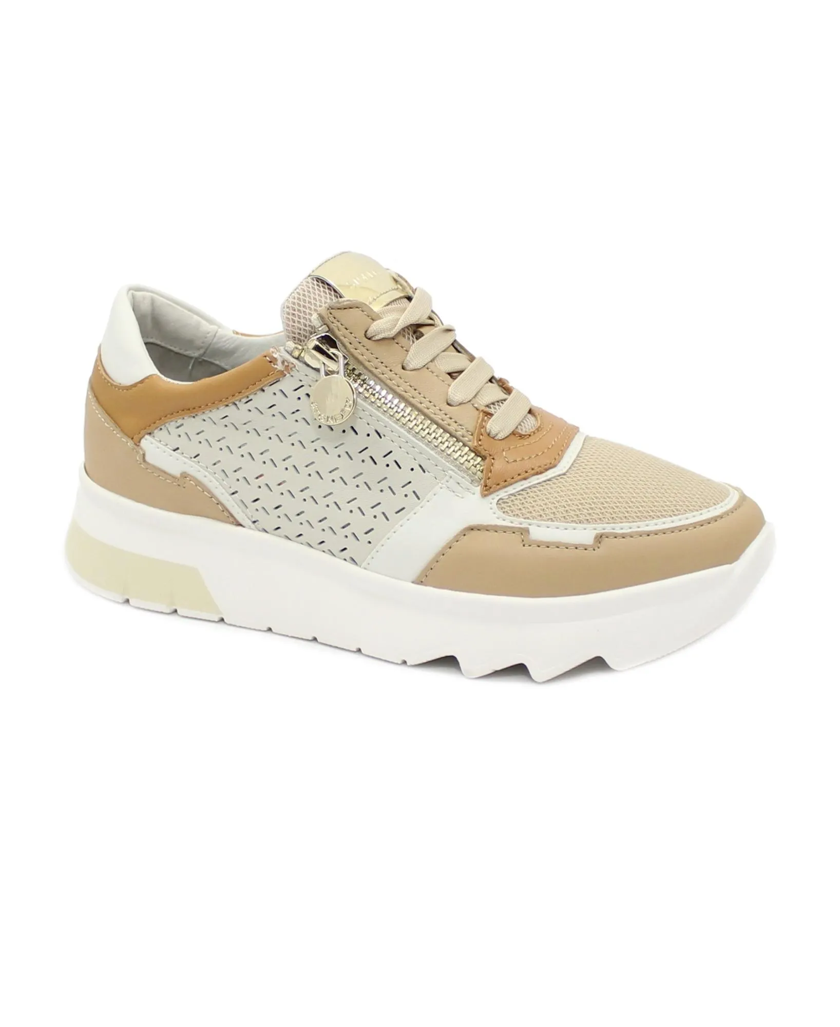 STONEFLY 220905 birch white beige cuoio scarpe donna sneakers lacci zip pelle forata