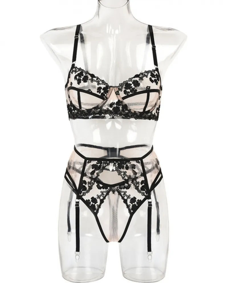 Yimunancy Set di 3 pezzi di reggiseno di pizzo Set di biancheria intima da donna con patchwork trasparente Set di mutandine a re